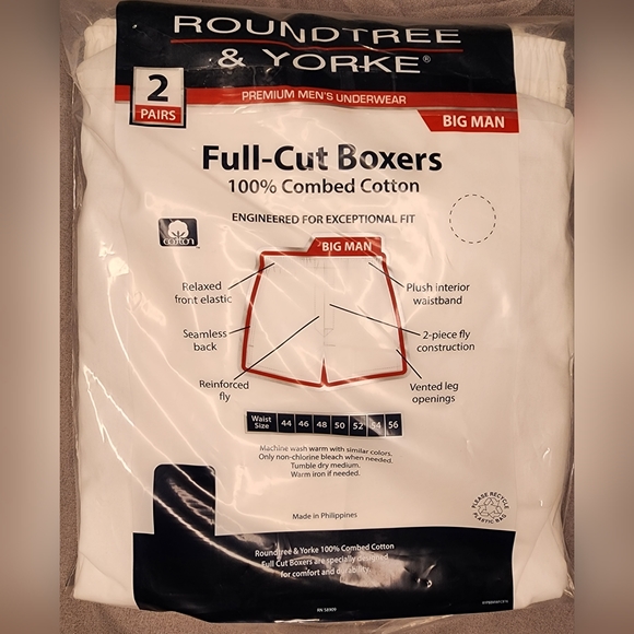 ROUNDTREE & YORKE® BIG MAN, Size 52 PREMIUM MEN'S UNDERWEAR WHITE Boxers 2 Pairs - Picture 2 of 3